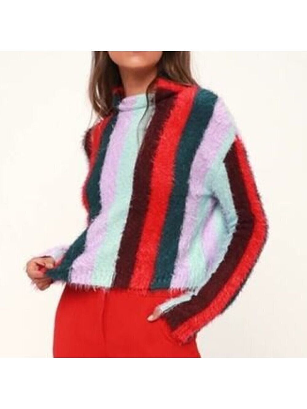 Blank NYC The Mad Hatter Sweater Eyelash Black Stripes Mock Neck Soft Top M NEW - Picture 2 of 11